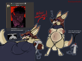 anthro areola bedding belly big_belly big_breasts blanket blush blush_lines breasts brown_areola brown_hair chibi drained duo female genitals hair humor male male/female pregnant pregnant_female screencap text vulva white_body yellow_body rockpankake discord_(app) nara_(minty_flur) roi_(rockpankake) canid canine fennec_fox fox mammal true_fox 2025 4:3 digital_media_(artwork) english_text hi_res