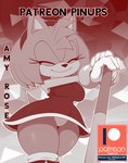 2022 abstract_background absurd_res amy_rose anthro bigdon1992 black_nose breasts clothed clothing digital_media_(artwork) dress eulipotyphlan eyelashes eyes_closed female fingers gloves handwear hedgehog hi_res mammal monochrome panties panty_shot patreon patreon_logo sega smile solo sonic_the_hedgehog_(series) text thick_thighs underwear url