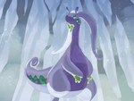 ambiguous_gender antennae_(anatomy) feral fog forest frown green_body green_eyes green_scales outside plant purple_body scales slime snow solo standing tree fusenryo mythology nintendo pokemon dragon gastropod generation_6_pokemon goodra mollusk mythological_creature mythological_scalie pokemon_(species) scalie snail 4:3