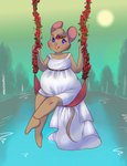 3_toes 5_fingers amethyst_(gem) anklet anthro barefoot belly big_belly blue_eyes blue_pupils blush buckteeth cheek_tuft circlet clothed clothed_female clothing day dress eyelashes facial_tuft feet female fingers fur gem green_sky hair jewelry lake light outside pink_inner_ear pink_nose plant pregnant pregnant_anthro pregnant_female pupils short_hair sitting sitting_on_swing sky solo sun swing tail tan_body tan_fur tan_hair tan_tail teeth toes tree tuft water white_clothing white_dress black_kitty mammal mouse murid murine rodent 2025 colored digital_drawing_(artwork) digital_media_(artwork) english_description hi_res lighting shaded