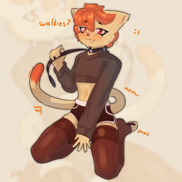 ambiguous_gender anthro blush blush_lines bottomwear clothing collar cropped_hoodie femboy hair kneeling leash legwear male multicolored_body orange_hair pawpads paws red_eyes short_hair shorts simple_background solo spread_legs spreading tail text thigh_highs topwear two_tone_body burachn1k domestic_cat felid feline felis mammal 1:1 english_text hi_res