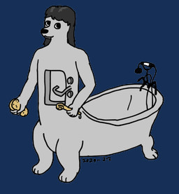 ambiguous_gender anthro bathtub black_hair brush grey_body hair simple_background sink solo sponge transparent_background what batelite sinkdog animate_inanimate canid canine canis domestic_dog mammal taur 2024 alpha_channel dated hi_res