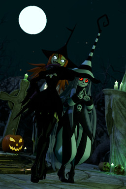 black_clothing bone boots candle cemetery clothing doll dress duo female footwear gloves green_body hair handwear hat headgear headwear high_heeled_boots high_heels index_to_index jack-o'-lantern legwear long_hair looking_away magic_user pose red_eyes red_hair seam_(sewing) shoes skeleton skull smile stockings twintails_(hairstyle) white_body white_eyes white_hair wide_hips witch witch_hat lorded sumsnermin_(modeler) karaka_(merafume) kidunadoll animate_inanimate animated_skeleton humanoid living_doll undead 3d_(artwork) absurd_res digital_media_(artwork) hi_res