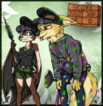 anthro blue_eyes bodily_fluids brown_body brown_fur duo female fur male paintball paintball_gun sweat tongue tongue_out wings yellow_body yellow_fur ziegelzeig bad_guy_cafe sully_kerrigan xavior bat canid canine canis mammal wolf 2023