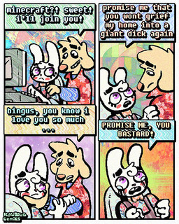 4_panel_comic aloha_shirt anthro bodily_fluids bow_tie cheek_spots clothing dialogue duo floppy_ears fur half-closed_eyes humor male narrowed_eyes pattern_clothing pattern_shirt pattern_topwear profanity shirt speech_bubble tears teary_eyes teeth text tooth_gap topwear white_body white_fur wide_eyed yellow_body yellow_fur rawdawgcomics bingus_(rawdawgcomics) stahli_(rawdawgcomics) bird_dog canid canine canis domestic_dog golden_retriever hunting_dog lagomorph leporid mammal rabbit retriever 4:5 comic english_text hi_res