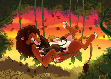 cloud duo feral forest jungle male plant sky sunset toony tree vines young young_feral finntaylor_(artist) felid lion mammal pantherine 2019