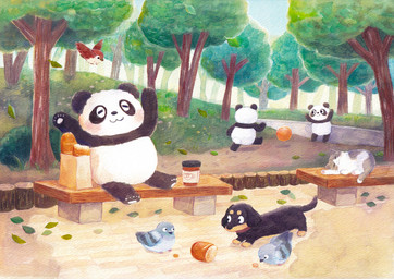 anthro black_body black_fur black_nose blush chibi detailed_background eyes_closed feral fur group kemono outside plant sitting slightly_chubby tree white_body white_fur araru avian bear bird canid canine canis columbid dachshund domestic_cat domestic_dog felid feline felis giant_panda hunting_dog mammal pigeon 2021