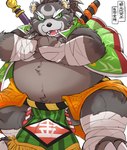 anthro bandage belly big_belly green_eyes kemono male overweight overweight_male solo weapon shirokumaou sengoku_puzzle kintoki_sakata bear mammal 2023 hi_res