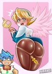 big_butt blonde_hair blue_clothing blue_eyes blue_hair blue_topwear blush blush_lines bodily_fluids brown_clothing brown_legwear brown_tights butt camel_toe clothing duo eyelashes feathered_wings feathers female genital_fluids grinding hair holding_object holding_staff jewelry legwear looking_back male necklace open_mouth pink_background pink_body pink_feathers rear_view short_hair simple_background smile staff sweat sweatdrop tan_body tan_skin thick_thighs tights topwear translucent translucent_wings vaginal_fluids white_background white_clothing white_topwear wide_hips wings yellow_eyes pummies breath_of_fire capcom nina_(breath_of_fire_iv) ryu_(breath_of_fire_iv) human humanoid mammal winged_humanoid hi_res