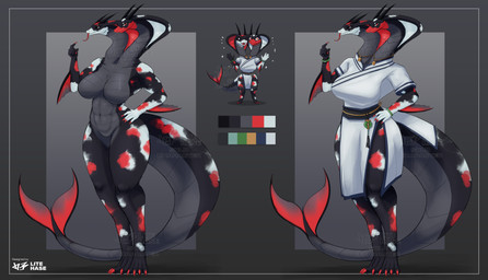 abs accessory anthro asian_clothing big_breasts black_sclera bracelet breasts chibi chinese_clothing clothing east_asian_clothing female fin fish_tail horn jewelry multi_head necklace simple_background solo litehase amur_carp carp cobra cyprinid cypriniform fish hybrid koi marine reptile scalie snake typical_carp hi_res model_sheet