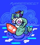 abstract_background anthro big_breasts breasts dripping_wet female green_body hair huge_breasts lifeguard nipples partially_submerged purple_hair simple_eyes solo surfboard visor water whistle_(object) jimothy_dickerman fish marine shark shaded signature simple_shading