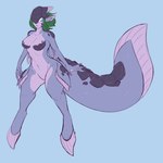 anthro big_tail blue_background blue_eyes breasts featureless_crotch female green_hair hair long_tail membrane_(anatomy) naturally_censored navel purple_body purple_scales scales simple_background solo tail thick_thighs webbed_hands wide_hips sepisnake capcom monster_hunter lavasioth piscine_wyvern 1:1