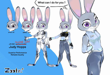 4_fingers anthro bottomwear breasts clothed clothing eyebrows feet female fingers fur grey_body grey_fur machine pants police police_uniform pomfret8199 purple_eyes red_eyes scut_tail short_tail tail text toes topwear uniform white_body white_fur butterfish8199 disney zootopia judy_hopps lagomorph leporid mammal rabbit robot english_text