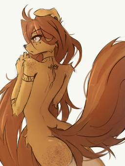 5_fingers anthro arm_tattoo back_tattoo biped brown_eyes brown_hair brown_tail butt ear_piercing female fingers freckled_arms freckled_butt freckled_ears freckled_face freckled_shoulders freckles fur gauged_ear hair long_hair long_tail neck_tattoo nude nude_anthro nude_female piercing rear_view simple_background small_butt solo standing tail tan_body tan_fur tattoo tinygaypirate apogee_(tinygaypirate) canid canine canis domestic_dog mammal 2025 3:4 digital_drawing_(artwork) digital_media_(artwork) hi_res