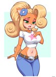 2022 5_fingers absurd_res accessory activision anthro bandicoot belt bodily_fluids bottomwear breasts clothing coco_bandicoot crash_bandicoot_(series) crop_top female fingers flower flower_in_hair fluffy fluffy_tail green_eyes hair hair_accessory half-closed_eyes hi_res long_hair mammal marsupial midriff narrowed_eyes navel open_mouth orange_body pants plant shirt signature simmsyboy simple_background solo sweat tail topwear