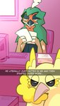 anthro beak black_sclera caption eyelashes female feral looking_at_object looking_at_viewer male paperwork phone_view selfie slice_of_life text unimpressed working yellow_body rozalid nintendo pokemon britney_(oricorio) louis_(decidueye) decidueye generation_7_pokemon oricorio pokemon_(species) pom-pom_oricorio 2025 colored english_text hi_res meme story story_in_description