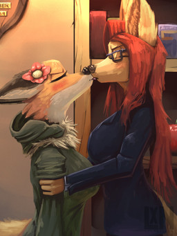 anthro clothed clothing countershade_face countershading duo eyes_closed eyewear female female/female glasses hair kissing long_hair rectangular_glasses red_hair side_view lennoxicon canid canine canis domestic_dog fox mammal 3:4 digital_media_(artwork) digital_painting_(artwork) painting_(artwork) shaded simple_shading