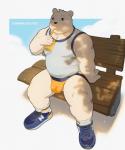 anthro belly biped blush bulge clothing fur humanoid_hands male shirt sitting slightly_chubby solo text topwear underwear white_body white_fur neiiio bear mammal 2019 english_text hi_res