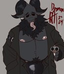 anthro belt belt_buckle buckle bulge clothing gun latex male ranged_weapon solo tongue tongue_out underwear weapon demonrat bovid bovine caprine cattle goat mammal absurd_res hi_res