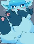 4_toes :3 ambiguous_feral ambiguous_gender blep blue_body blue_ears blue_fur blue_inner_ear blue_sclera blue_tail blush blush_lines blush_stickers butt featureless_crotch feet feral fluffy fur grey_background hindpaw kemono leg_markings looking_at_viewer markings monotone_tail multicolored_body multicolored_fur pawpads paws pink_pawpads quadruped rear_view simple_background socks_(marking) solo tail toes tongue tongue_out two_tone_body two_tone_fur white_eyes luxiger nintendo pokemon eeveelution generation_4_pokemon glaceon mammal pokemon_(species) absurd_res colored digital_media_(artwork) hi_res portrait shaded simple_shading