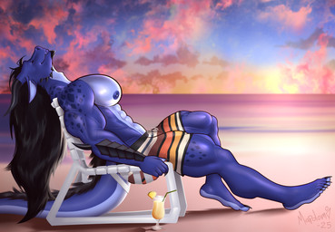abs alcohol anthro barazoku beach beverage big_muscles biped black_hair black_horn black_nipples blue_body hair horn huge_muscles male muscular muscular_anthro muscular_male muscular_thighs nipples reclining side_view solo sunset mrmapolomi mythology psych_hydra dragon mythological_creature mythological_scalie scalie absurd_res hi_res