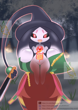 black_hair bodypaint bottomwear clothing cosplay fake_breasts female green_clothing green_topwear hair holidays machete melee_weapon nude purple_body purple_skin red_bottomwear red_clothing red_eyes red_skirt short_stack skirt topwear weapon bamangojuice dead_by_daylight halloween nintendo pokemon the_krasue_(dead_by_daylight) generation_8_pokemon hatterene krasue pokemon_(species) absurd_res hi_res