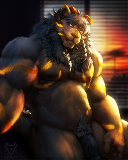 anthro biceps black_body black_fur black_hair black_mane braided_hair braided_mane flaccid fur genitals hair heterochromia horn inside looking_at_viewer male mane melanistic musclegut muscular muscular_anthro muscular_male muscular_thighs navel nipples nude pecs penis pose pubes pupils quads sitting slit_pupils smile solo sunset thick_penis thick_thighs vein veiny_penis window yellow_body yellow_fur bullstorm mythology dragon felid hybrid lion mammal mythological_creature mythological_scalie pantherine scalie 2021 4:5 detailed digital_media_(artwork) digital_painting_(artwork) painting_(artwork) pinup