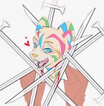 anthro blood blue_eyes bodily_fluids clothed clothing eyebrows facial_markings fangs fur head_markings heart_symbol jacket lidded_eyes male markings melee_weapon multicolored_markings rainbow_markings round_ears shirt snout solo striped_body striped_fur stripes sword teeth topwear weapon karina_farek neopets destielconfession_(karina_farek) fan_character candy_neopet felid kougra mammal neopet_(species) pantherine tiger