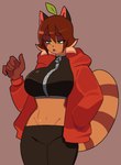 2022 5_fingers anthro big_breasts black_bottomwear black_clothing black_crop_top black_shirt black_topwear bottomwear breasts brown_body brown_eyebrows brown_face brown_fur brown_hair brown_tail canid canine clothed clothed_anthro clothed_female clothing crop_top digital_drawing_(artwork) digital_media_(artwork) dvampiresmile eyebrows female female_anthro fingers front_view fur green_eyes hair hand_in_pocket hi_res jacket long_sleeves looking_down mammal markings midriff narrowed_eyes navel open_mouth pockets portrait raccoon_dog red_clothing red_jacket red_topwear ring_(marking) ringed_tail shirt simple_background small_waist solo striped_markings striped_tail stripes suki_(dvampiresmile) tail tail_markings tanuki thick_eyebrows three-quarter_portrait topwear zipper_crop_top zipper_topwear