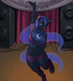 anthro anthrofied blue_hair breasts clothed clothing ear_piercing exposure_variation female flashing hair horn legwear long_hair midriff navel nipple_outline piercing raised_arm solo speaker stage text thick_thighs tongue tongue_out tongue_piercing kevinsano friendship_is_magic hasbro my_little_pony mythology nightmare_moon_(mlp) equid equine mammal mythological_creature mythological_equine unicorn 2015 digital_media_(artwork) english_text