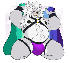 anthro areola armpit_hair barazoku barbell_piercing beard belly belly_hair black_nipples body_hair clothing cuff_(restraint) eyewear facial_hair facial_piercing flag flag_(object) fur glasses gold_(metal) gold_jewelry grey_body grey_fur hair happy_trail harness holding_flag holding_object jewelry jockstrap leather leather_cuffs leather_harness lgbt_pride male mane musclegut muscular muscular_anthro muscular_male nipple_piercing nipples nose_piercing nose_ring open_mouth piercing pink_tongue pose pride_colors purple_clothing purple_eyes purple_underwear raised_arms restraints ring_piercing septum_piercing septum_ring solo tongue underwear vincian_pride_colors wearing_glasses white_beard white_belly white_body white_facial_hair white_fur white_hair white_mane neku avery_owens_(tizzlebits) felid lion mammal pantherine absurd_res hi_res pinup