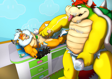 anthro bodily_fluids change_diaper cum diaper duo ejaculation furniture genital_fluids genitals handjob male male/male penile penis sex table leoniro_the_inklion mario_bros nintendo bowser inklion koopa scalie absurd_res hi_res