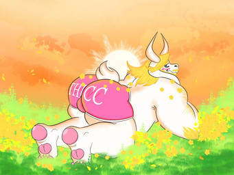 4_toes all_fours anthro arm_hair beard big_butt blonde_hair blue_eyes blush blush_lines body_hair bulge bulge_from_behind butt clothing eyebrows facial_hair feet flower flowers_in_fur fur grass hair half_naked horn light light_beam male mustache orange_sky overweight overweight_male pawpads plant sky solo sun sunbeam sunlight sunset tail thick_thighs toes underwear white_body white_fur briocheishome undertale_(series) asgore_dreemurr boss_monster_(undertale) bovid bovine caprine goat mammal monster 4:3 hi_res