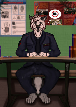 anthro balls bodily_fluids bulge clothed clothing fur genitals grey_body grey_fur hair knot male penis public red_eyes solo tail white_body white_fur zerkowolf zerko_wolf canid canine canis mammal wolf absurd_res digital_media_(artwork) hi_res