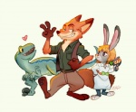 anthro biped bottomwear clothing countershading digitigrade female feral fur green_eyes group heart_symbol male pants pawpads pubic_boot purple_eyes shirt simple_background topwear white_background piti_yindee disney jurassic_park jurassic_world universal_studios zootopia blue_(jurassic_world) judy_hopps nick_wilde canid canine dinosaur fox lagomorph leporid mammal prehistoric_species rabbit red_fox reptile scalie true_fox 2015