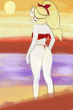 back-tie_bra beach bikini black_lipstick blonde_hair bra butt clothing evening female hair lipstick makeup narrowed_eyes panties rosy_cheeks sand solo sun swimwear two-piece_swimsuit underwear water white_body t51946 hazbin_hotel hellaverse charlie_morningstar demon hi_res