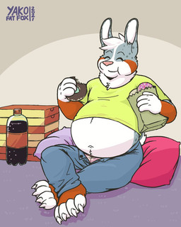 4_fingers anthro belly beverage box cheek_bulge claws container dessert doughnut eating eyes_closed fingers food fur fur_markings holding_doughnut male markings multicolored_body multicolored_fur navel overweight partially_covered_belly pastry pillow pizza_box simple_background sitting soda solo text visible_underwear voretoq_(yako) lagomorph leporid mammal rabbit 2021 artist_name
