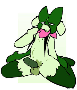 anthro balls erection flower fur genitals green_body green_fur humanoid_genitalia humanoid_penis looking_at_self male nipples penis plant solo catjamn nintendo pokemon generation_9_pokemon meowscarada pokemon_(species) aliasing digital_media_(artwork)