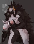 anthro black_body black_fur breasts female fur horn nude solo white_body white_fur yellow_eyes yellow_horn lvlirror onai bovid canid canine canis caprine humanoid mammal sheep wolf wolfskin 2022 hi_res