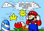 angry clothing cloud flower group hat headgear headwear hill male outside overalls plant sky star star_(mario_bros) text text_on_clothing text_on_hat text_on_headwear unknown_artist mario_bros nintendo the_hills_have_eyes mario human mammal 2012 digital_media_(artwork) english_text