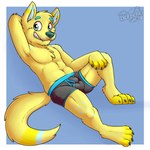 anthro arm_tuft balls_outline biped black_clothing black_underwear blonde_hair blue_background blue_body blue_eyebrows blue_eyes blue_fur boxer_briefs bulge cheek_tuft chest_tuft claws clothed clothing cute_fangs detailed_bulge digitigrade dipstick_ears ear_markings eyebrows facial_tuft fur genital_outline green_nose hair hand_behind_head hand_on_knee hand_on_leg inner_ear_fluff leg_tuft looking_at_viewer male markings multicolored_ears neck_tuft one_leg_up partially_clothed raised_leg sheath_outline simple_background solo spots spotted_body teeth toe_claws tuft underwear yellow_body yellow_ear yellow_fur gaokun lemonade_coyote canid canine mammal 1:1 2020 absurd_res hi_res watermark