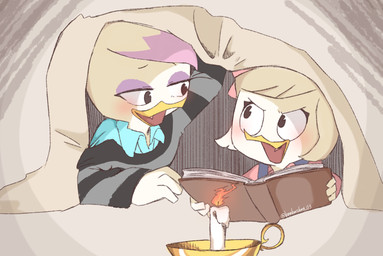 bed_sheet bedding blush book candle clothing duo eyeshadow female makeup open_mouth pattern_clothing pattern_sweater pattern_topwear striped_clothing striped_sweater striped_topwear stripes sweater topwear white_body young bamboo_617 たけっこ disney ducktales ducktales_(2017) lena_(ducktales) webby_vanderquack anatid anseriform avian bird duck 2019 hi_res