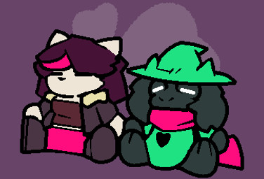 anthro black_body black_fur bottomwear clothing duo female footwear fur heart_symbol horn jacket male pants plushie scarf shoes simple_background topwear white_body white_fur catjamn deltarune undertale_(series) catti_cattenheimer ralsei bovid caprine felid feline goat mammal aliasing digital_media_(artwork) low_res shaded simple_shading