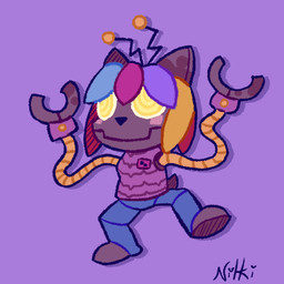 antennae_(anatomy) anthro blue_body blue_hair cheek_spots clothing drop_shadow female hair machine multicolored_hair orange_hair pink_hair pointy_ears prick_ears purple_background purple_clothing purple_hair purple_shirt purple_topwear red_hair robotic_arm scut_tail shirt short_tail simple_background solo tail topwear yellow_eyes pkfr33ze melbot_(melody_nosurname) deer mammal robot 1:1 2025 low_res signature