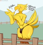 4_fingers anthro beak bodily_fluids bulge clothed clothing feathers femboy fence fingers fur male mostly_nude nervous nervous_smile open_mouth outside patreon_logo simple_background smile solo sweat sweatdrop text thick_thighs thong underwear underwear_only wide_hips yellow_body yellow_fur jinu final_fantasy patreon square_enix avian bird chocobo mammal 2021 absurd_res digital_media_(artwork) english_text hi_res url