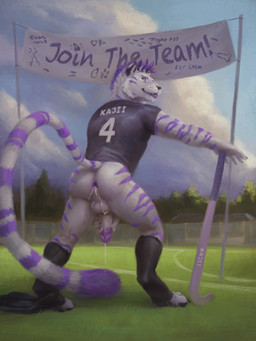 anthro anus backsack balls bodily_fluids bottomless bottomless_anthro bottomless_male bottomwear bottomwear_around_one_leg bottomwear_down butt circumcised circumcision_scar clothed clothing clothing_around_one_leg cum cum_from_ass cum_in_ass cum_inside cum_string ejaculation erection feet field_hockey fingers footwear fur genital_fluids genital_scar genitals hand_on_penis holding_object holding_penis holding_stick humanoid_genitalia humanoid_penis leaking_cum looking_back male nude outside partially_clothed pawpads penis rear_view scar shirt shorts shorts_around_one_leg shorts_down sign smile solo sports_uniform stick tail text text_on_clothing text_on_topwear toes topwear uniform orcfun felid mammal pantherine tiger 3:4 digital_media_(artwork) english_text hi_res
