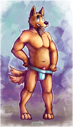 4_toes abstract_background animal_genitalia animal_penis anthro arm_tuft biped black_nose blue_clothing blue_eyes blue_underwear brown_body brown_ears brown_fur brown_sheath brown_tail canine_genitalia canine_penis clothing digitigrade feet front_view fur genitals glistening glistening_eyes glistening_nose grin hand_on_hip head_tuft jockstrap lipsticking looking_up male motion_lines navel neck_tuft penis penis_poking_out penis_tip pink_penis presenting presenting_penis sheath shoulder_tuft smile solo standing tail tail_motion tailwag toes tuft underwear yookie canid canine canis domestic_dog mammal 2016 dated hi_res signature