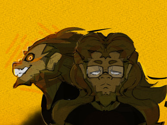 aloof anthro beard black_clothing black_shirt black_topwear clothing duo eyewear facial_hair frenzied_flame glasses grin grinning_at_viewer hair long_hair male multiple_personalities mustache personality_change shirt smile smiling_at_viewer topwear yellow_eyes jdoe_p ghost haplorhine mammal monkey primate spirit