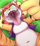 anthro belly big_belly big_uvula brown_stripes fangs female green_eyes hair lying markings mouth_shot navel open_mouth orange_body red_hair slightly_chubby solo striped_arms striped_markings striped_tail stripes tail tail_markings teeth toony uvula waiting cabezilla ariel_the_tiger fan_character felid mammal pantherine tiger absurd_res hi_res