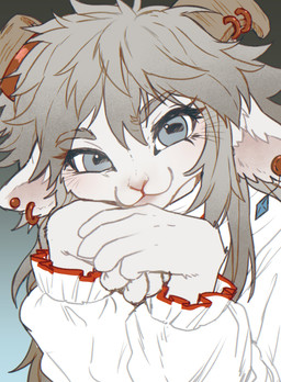 anthro blue_eyes blush clothing ear_piercing ear_ring female female/female fur furgonomic_piercing furgonomics grey_hair hair horn horn_piercing looking_at_viewer mischievous piercing ring_piercing shirt smile solo topwear white_body white_clothing white_fur white_shirt white_topwear hophwind orin_(shadycrafts) alpine_goat bovid caprine domestic_goat goat mammal absurd_res hi_res